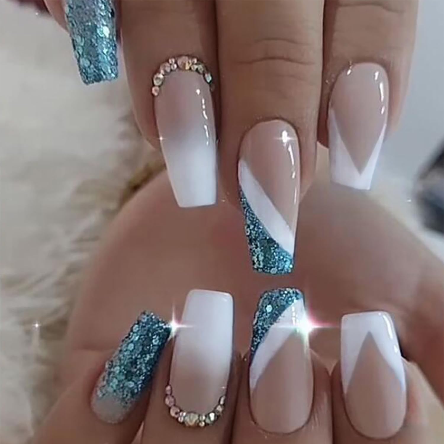 LOPMNGHT Square French Press on Nails, 24pcs Blue Sequins Design, Reusable Acrylic False Nails for Women