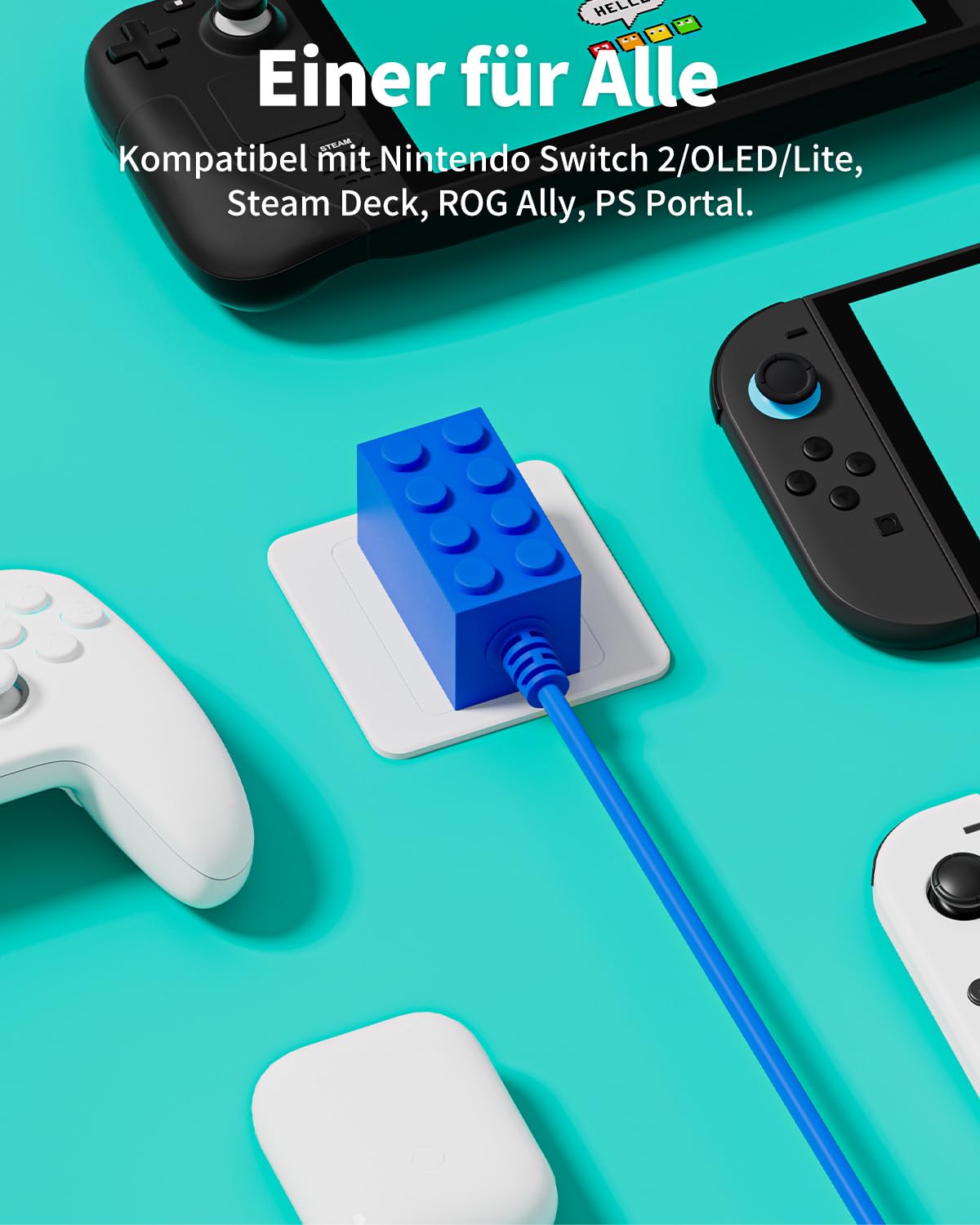 Caricabatterie Switch da 65 W compatibile con Nintendo Switch 2, caricabatterie rapido USB C per Switch 2/Steam Deck, adattatore CA da 1,5 M, design a blocchi di costruzione blu