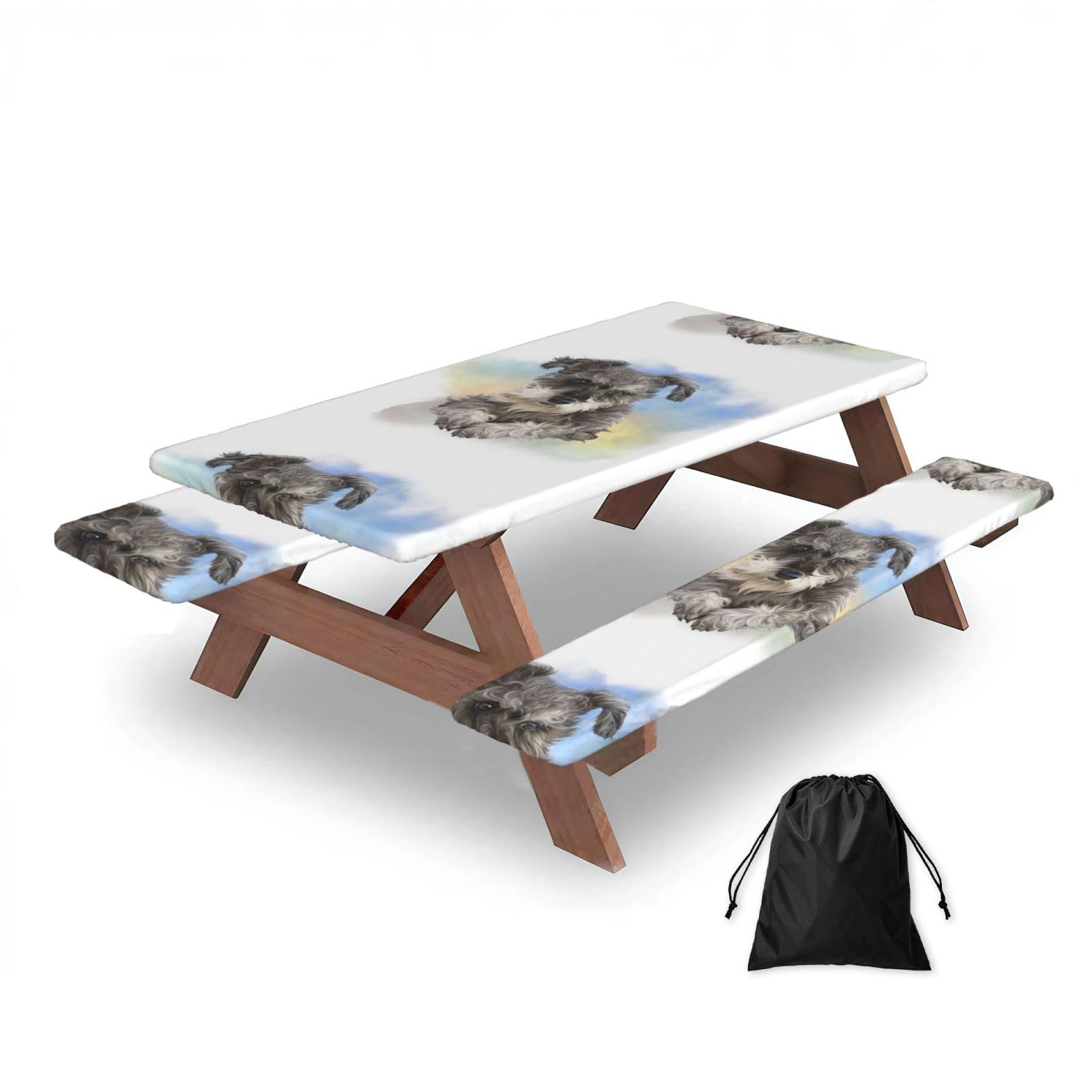 Dopklna As Picture Cute Mini Schnauzer Print, Picnic Table Cover With Bench Covers -Waterproof Elastic Fitted Tablecloth For Garden Camping Patio 76X152cm
