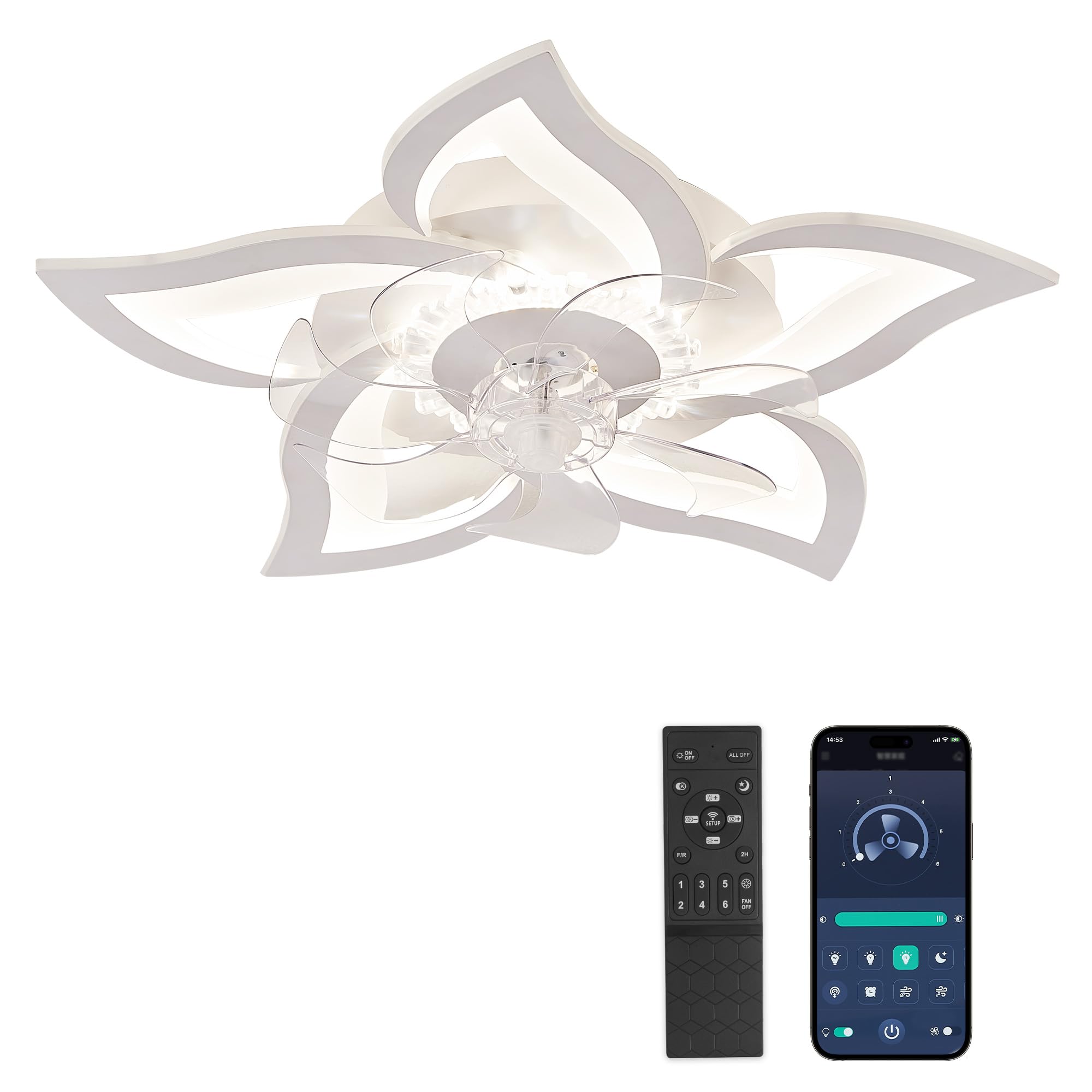 ZMISHIBO Lustre Ventilateur de Plafond Floral à 69cm, Moteur CC Inversible 6 Vitesses, LED Dimmable avec Lumière, Bluetooth APP, Lampe Ventilateur Silencieuse pour Chambre Cuisine Salle à Manger,Blanc