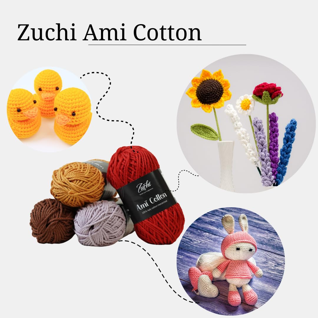 Zuchi Ami Cotton Yarn: 100% Mercerized Cotton, 4ply, 50g Balls