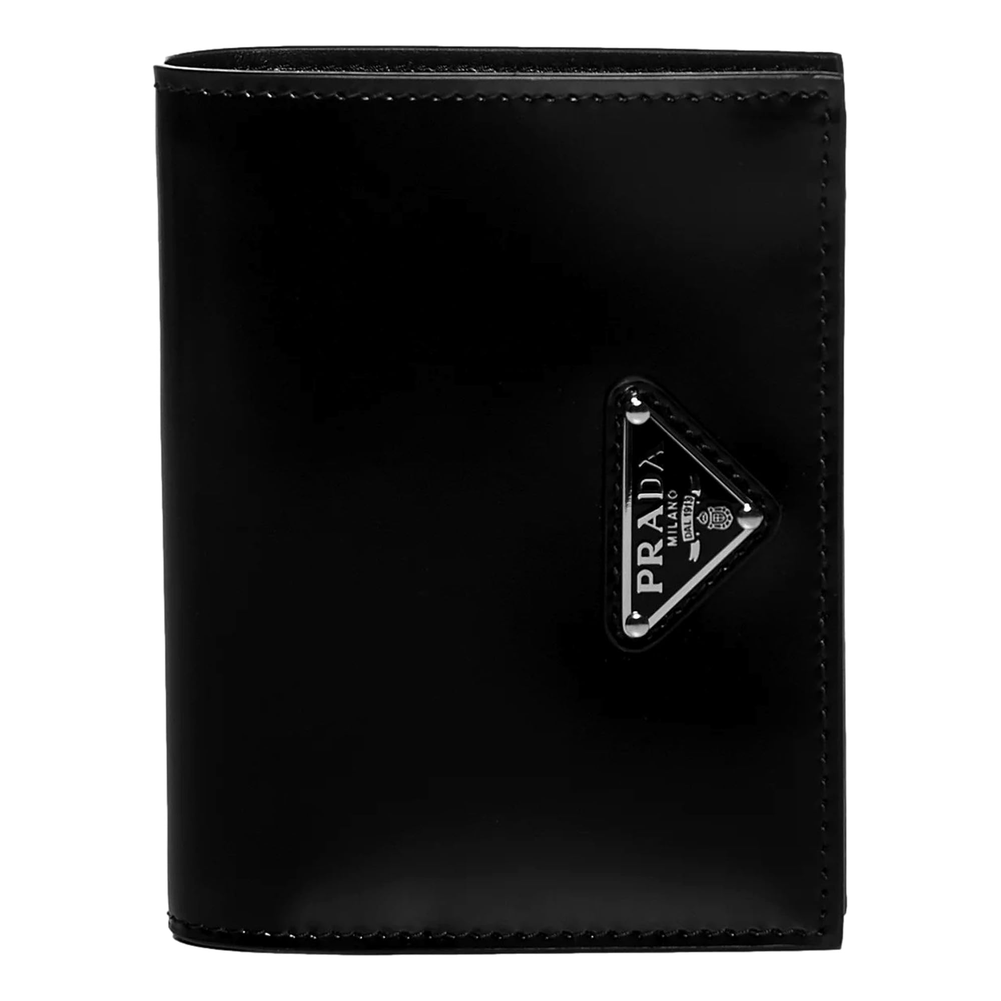 Prada Unisex Bifold Black Polished Leather Triangle Logo Small Card Holder Wallet 1MV204