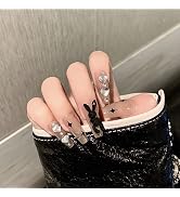 LANOVA Ballerina Fake Nails Long Coffin,Pink Nails with Black Rabbit Decorate, Heart Shape Diamon...