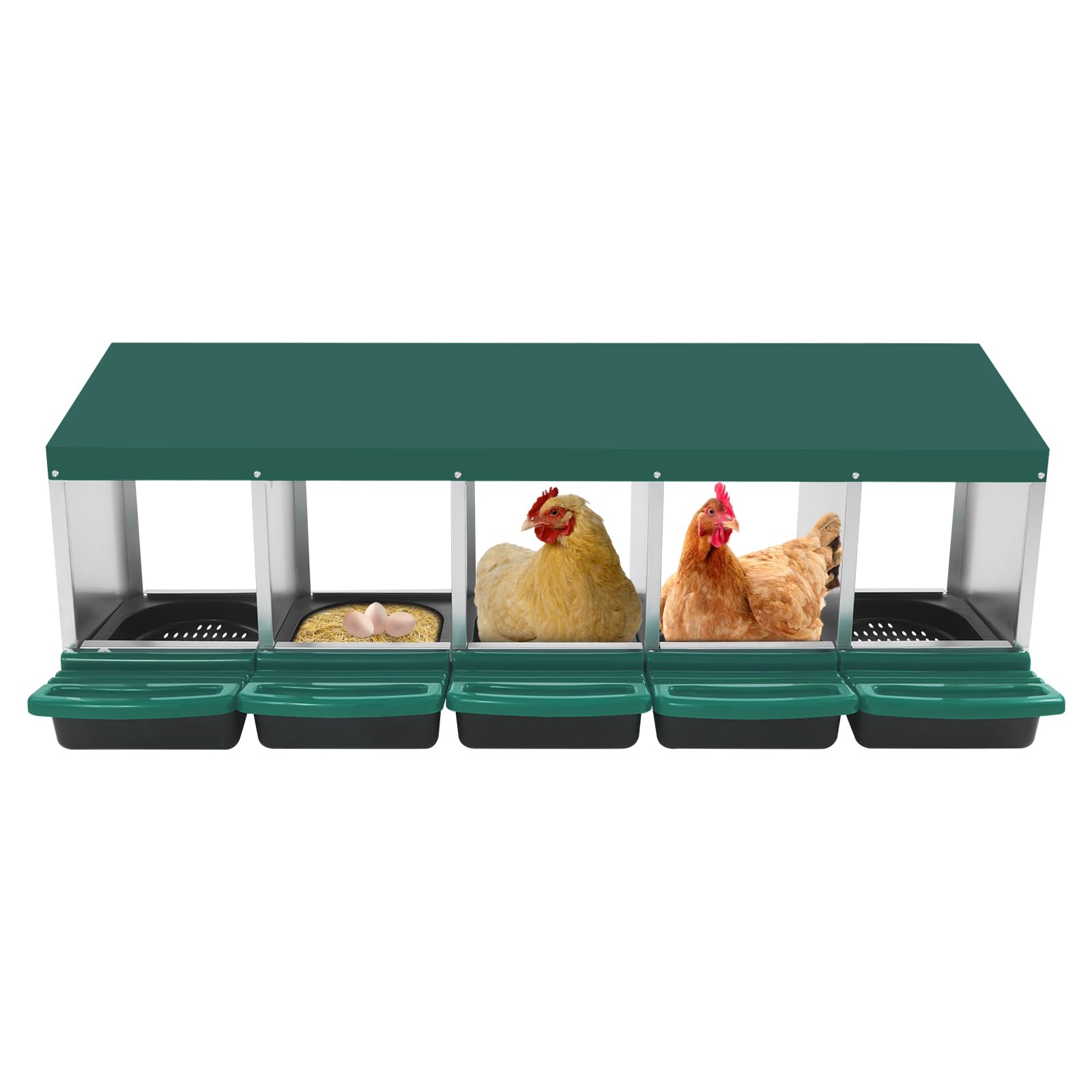 Nido para pollos, 5 compartimentos, nido de pollo de acero galvanizado y plástico, con pie en el suelo o en la pared, con toldo para gallinero y aves de corral