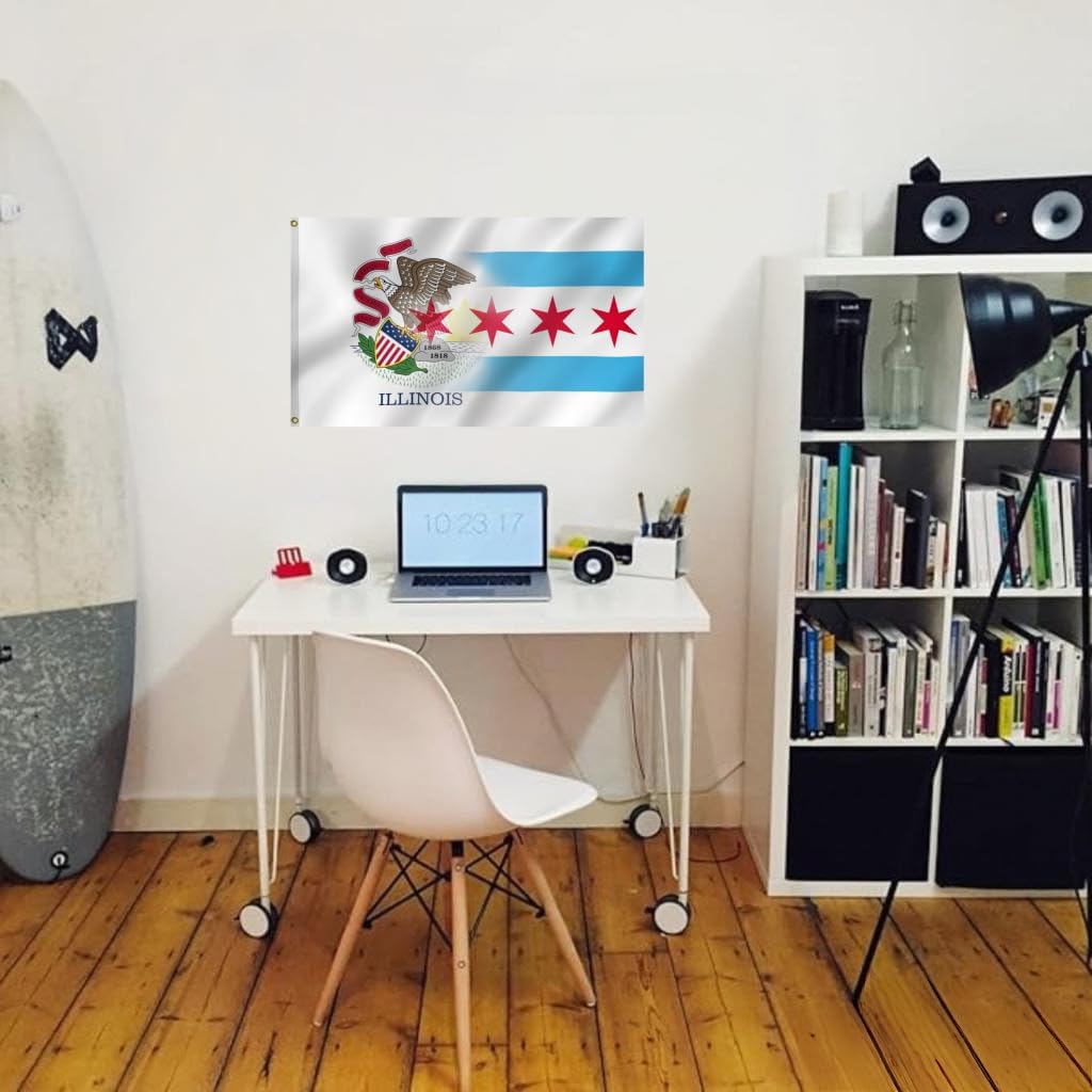 Chicago And Illinois Combination Flag 2X3FT, Chicago City And State Friendship Flags,Both Sides Printed, Men Women Banner,Vibrant Colors, Double Stitched with 2 Brass Grommets, Bar Garden Street Decoration, GYM, Office Decor,Indoor Outdoor Use,Gifts. (IL-Chicago, 2x3ft)