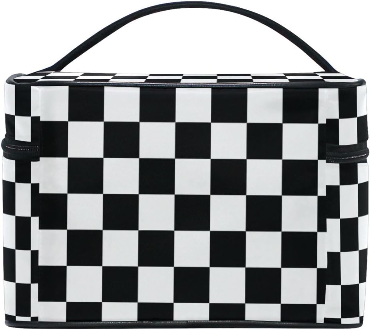 Makeup Train Case White Black Checkered Plaid Carrying Portable Zip Travel Cosmetic Brush Bag Organizer Large for Women