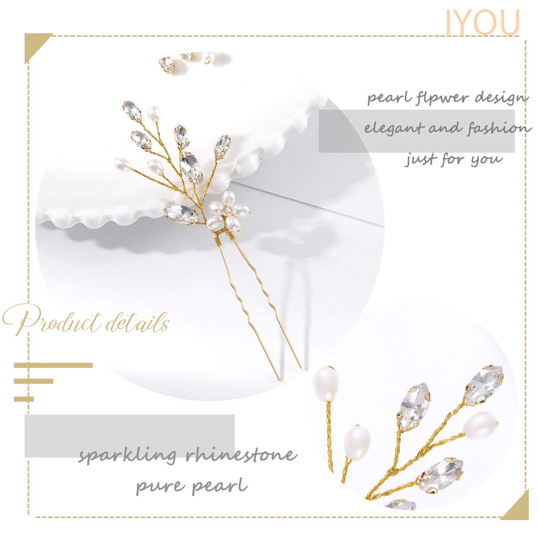 IYOU Bridal Wedding Hair Pins Silver Flower Hairpin Crystal hair Clip Rhinestone Bride Hair Accessories for Women and Girls (Pack of 2) (gold) - Image 2