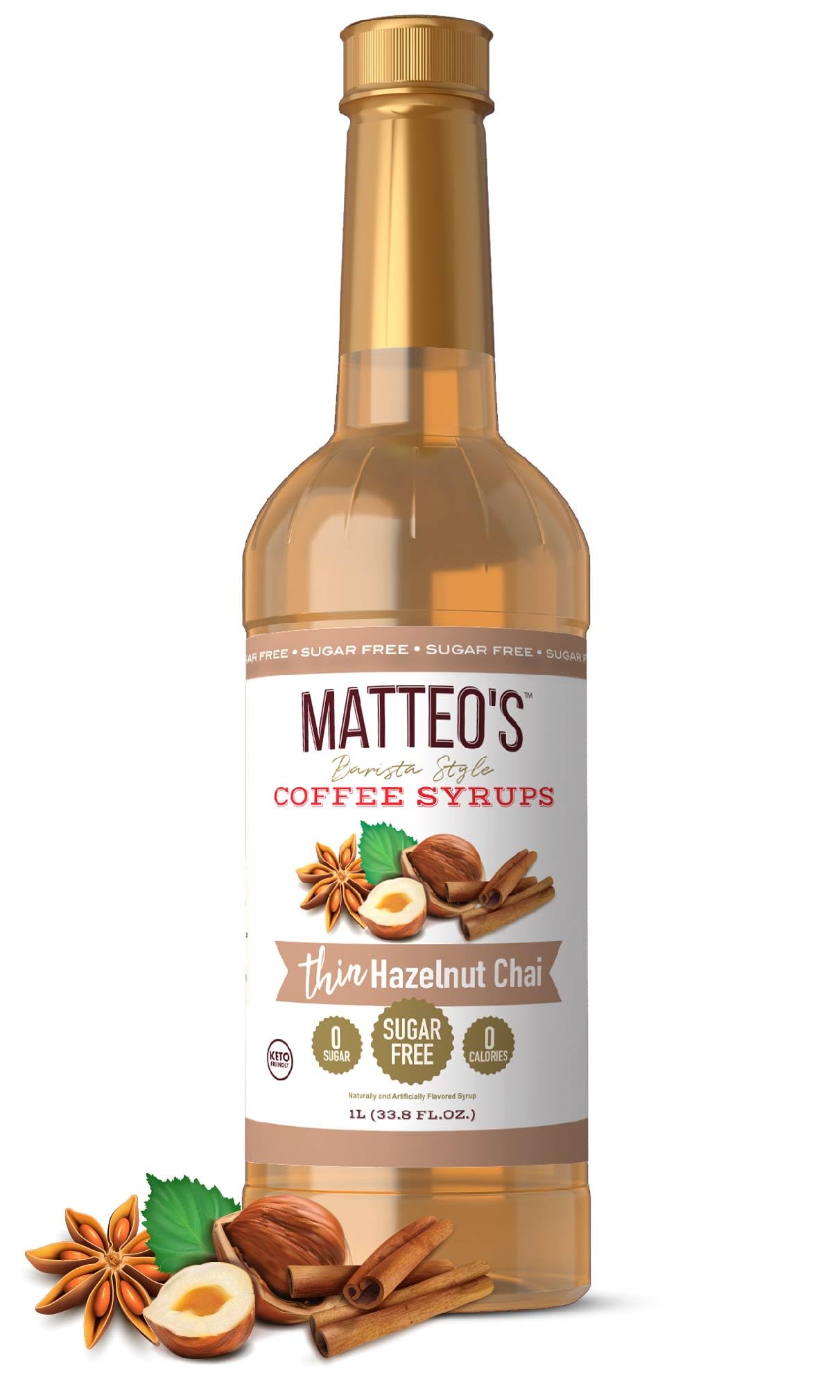 Matteo's Barista Style Sugar-Free Coffee Syrup, Hazelnut Chai Flavor, Zero Calories and Sugar, Keto Friendly, Ideal for Lattes, Cappuccinos, Espresso, Americano, Indulgent Taste 33.8 Oz, 1-Pack