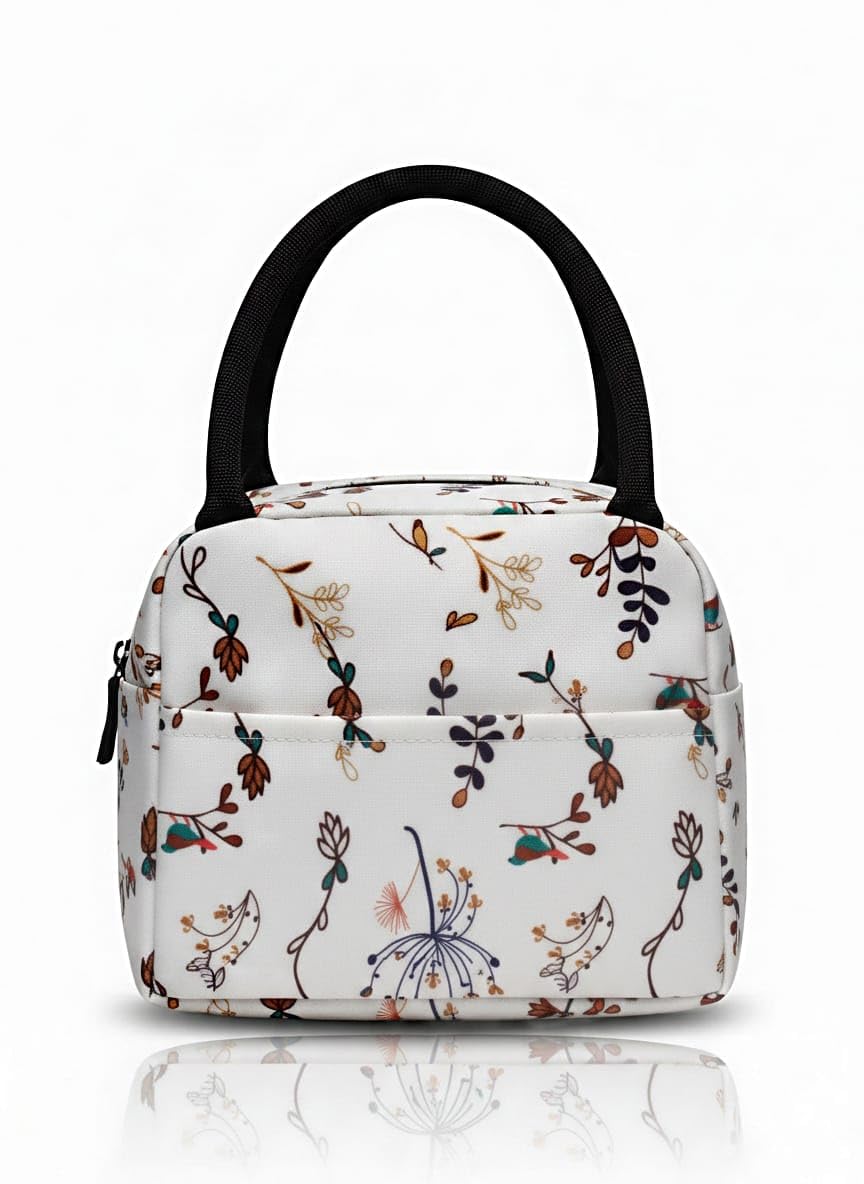 Floral Print Insulated Lunch Bag with Carry Handle, White | Zipper Closure, Front Pocket, Botanical Design, Lightweight Tote, Work & School Use-image-30