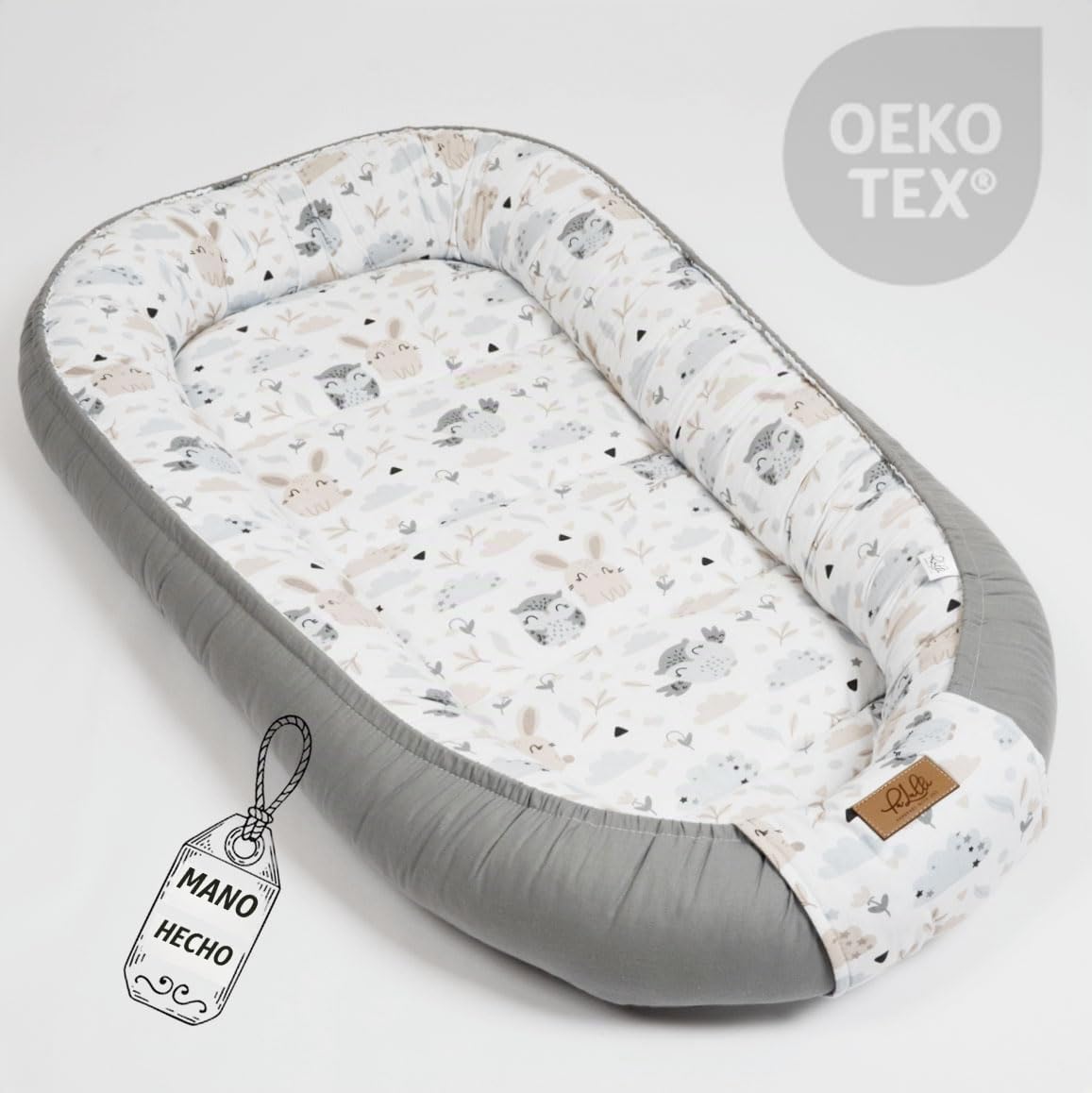 PaLulli Nido de bebé extragrande, 100 x 60 cm, algodón, reversible, reversible, hecho a mano, transpirable y seguro (gris)