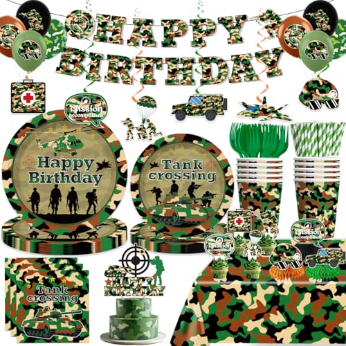 198pcs Army Birthday Party Decorations Include Camo Plates and Napkins Set, Banner, Hanging, Tablecloth, Balloon, Cupcake Topper, for Camouflage Hunti