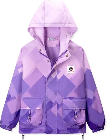 WELAKEN Girls Water-Resistant Jacket with Fleece Lining and Pockets Kids Zip-Up Hooded Coat