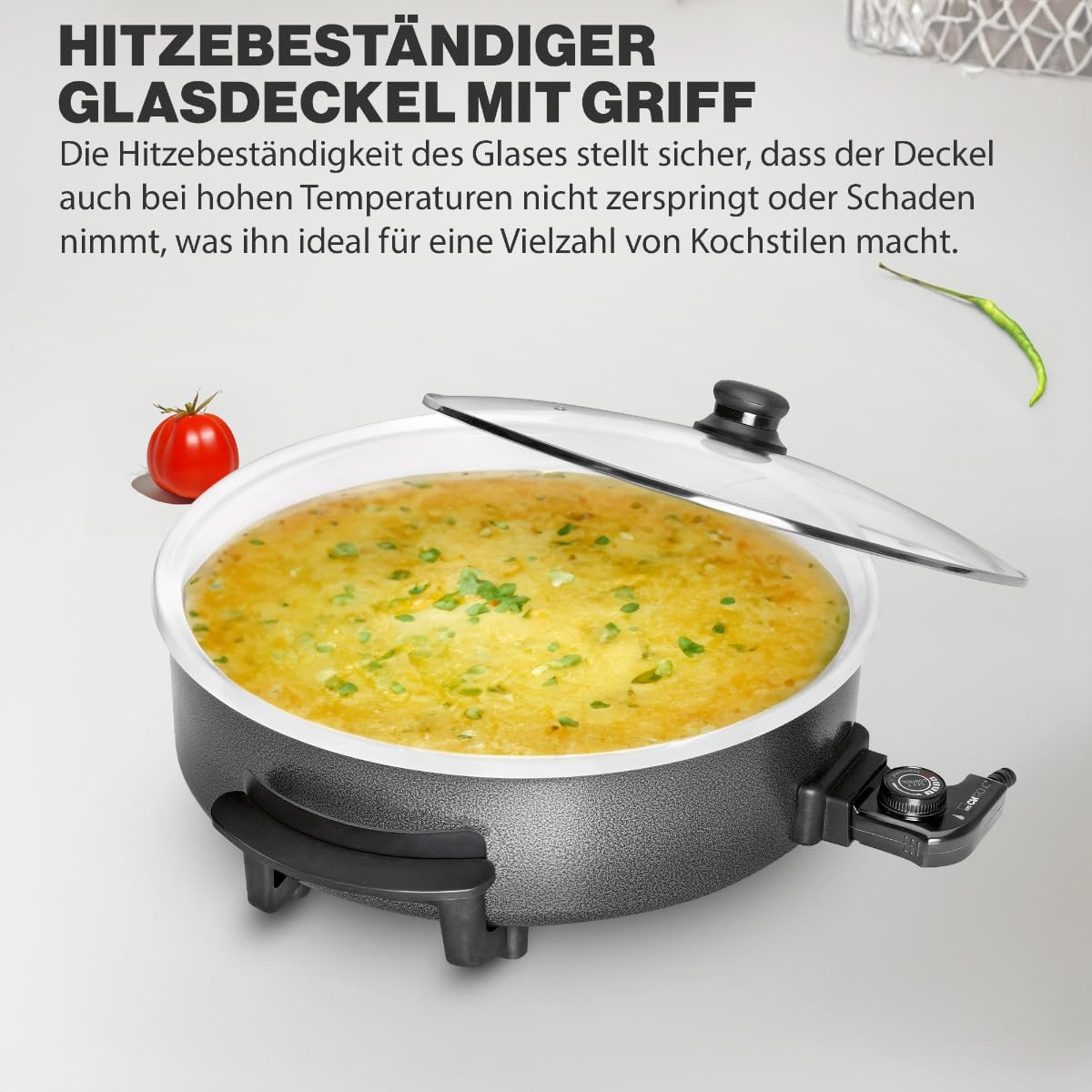 Clatronic Partypfanne Multifunktionspfanne Keramikbeschichteter Bräter mit Deckel Elektrischer Topf Thermostat Ø 42 cm PP 3570 C