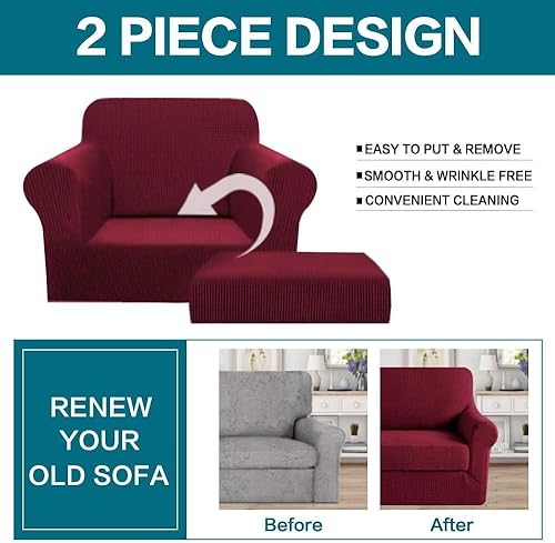 Vista 329 de Turquoize - Funda elástica para sofá de 2 piezas y 3 cojines, funda protectora lavable con elástico en la parte inferior, tela jacquard gruesa