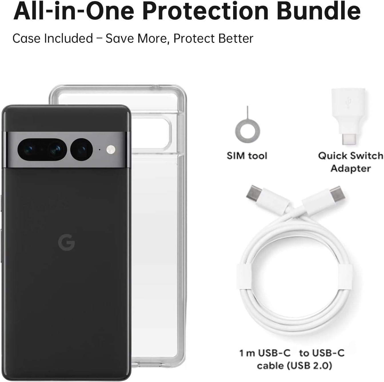 Google Pixel 7 Pro Unlocked Phone - 5G Android Smartphone with 512GB Storage, 12GB RAM, 6.7" QHD OLED, Triple Camera, 24-Hr Battery, Includes Clear Phone Case Bundle, Snow
