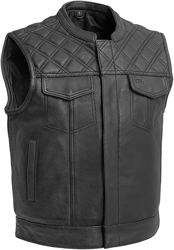 First Mfg Co Upside Leather Motorcycle Vest for Men Riding Club Biker Men Vest, Snap And Zip Closure