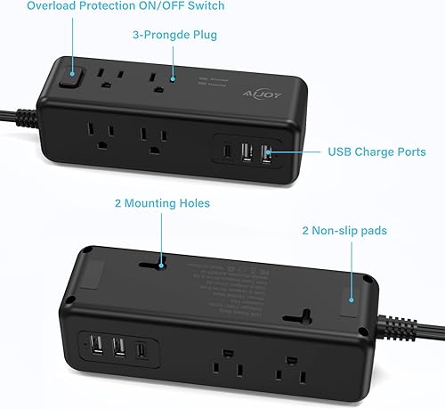 Miniatura 7 de Regleta protectora contra sobretensiones, cable de extensión de 5 pies con 8 puertos de CA y 3 puertos USB (1 USB C), tira extensora de salida de 3