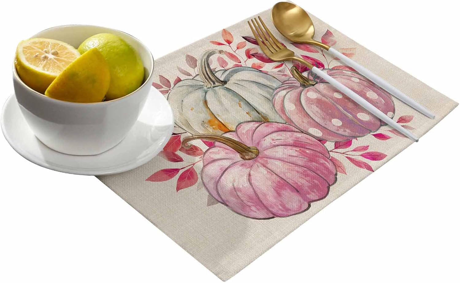 Fall Placemats Set of 4 Autumn Pink White Polka Dot Pumpkins Leaves Linen Texture Place Mat for Dining Table Washable Burlap Cotton Table Mats