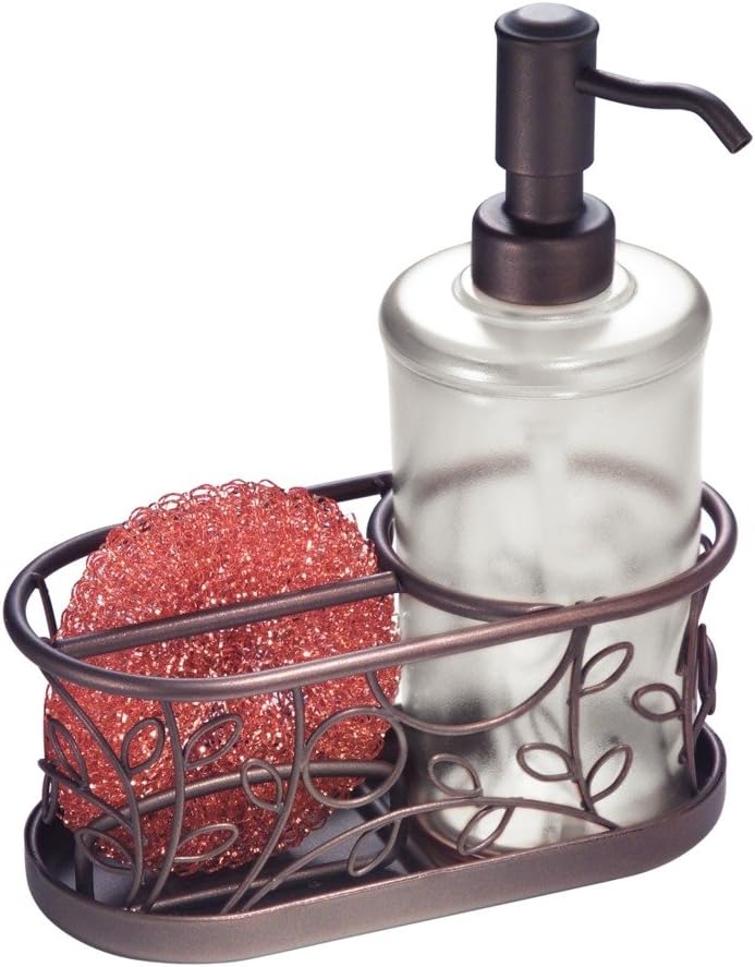 InterDesign Twigz Soap Dispenser Pump and Sponge & Scrubber Caddy – Kitchen Sink Organizer, Frost/Bronze