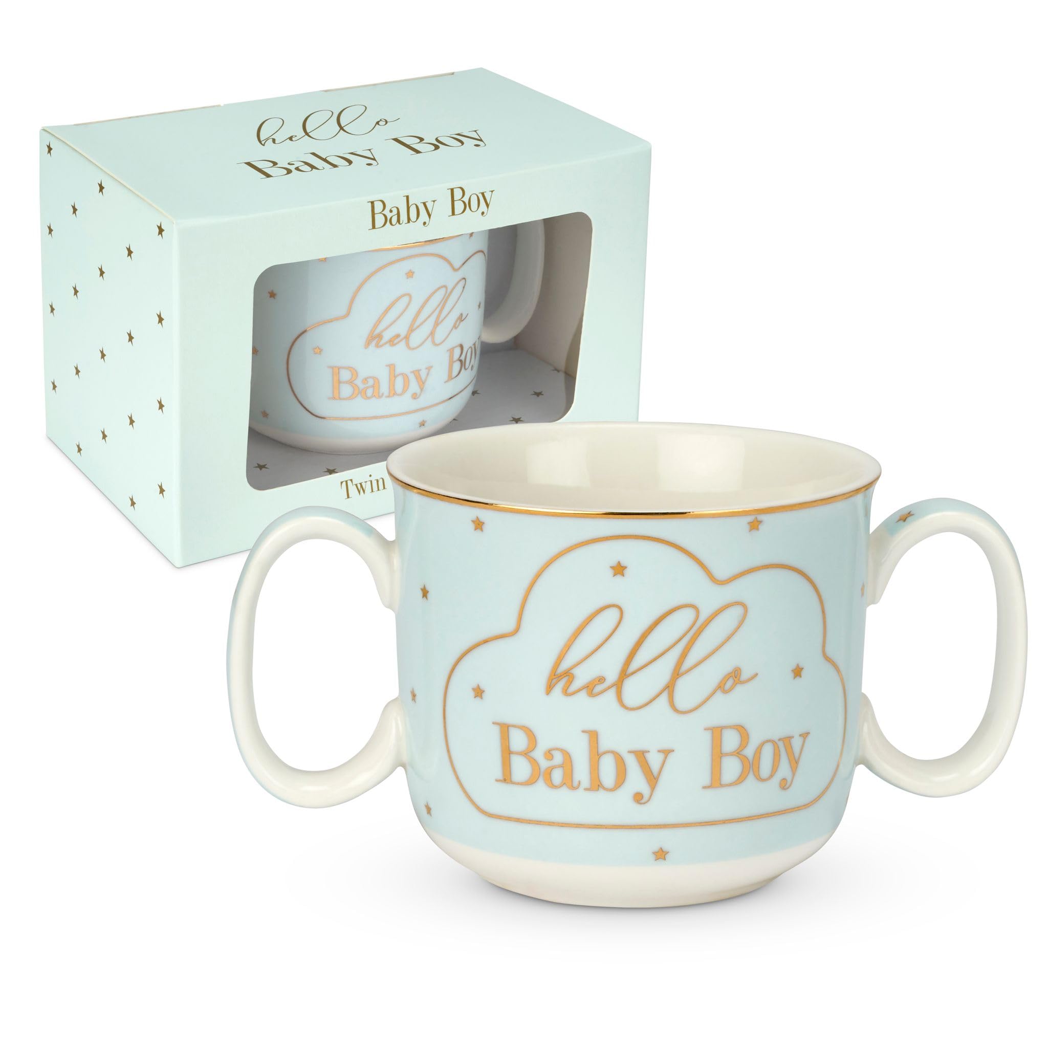 Bravich Mad Dots Hello Baby Twin Handled Mug (180ml Capacity) - H9 x W14cm Fine China Mug with Matching Gift Box, New Baby Gift for New Mum & Dad, Home Decor China Tea Cup (Hello Baby Boy)