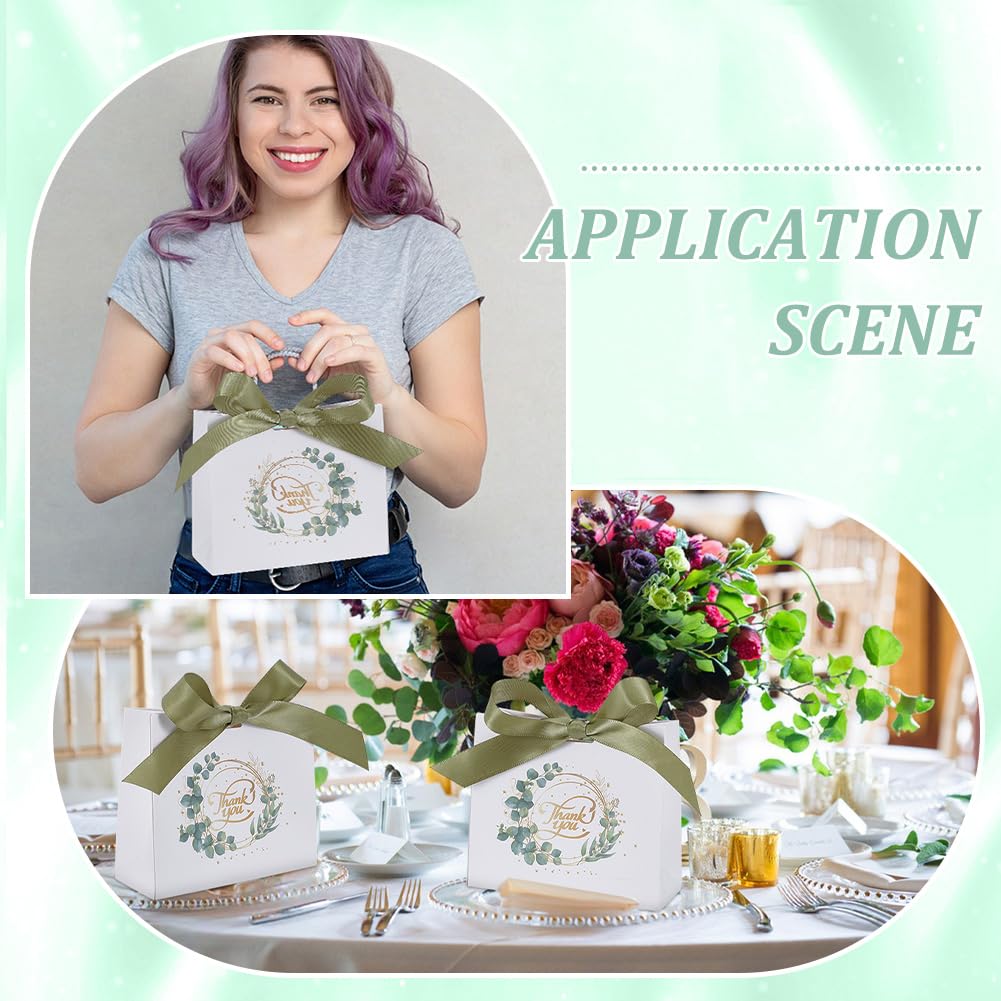 FREEBLOSS 100 Packung Kleine Gastgeschenktüten Mit Grüner Schleife Und Eukalyptusblättern Ideal als Gastgeschenk Für Hochzeiten Geburtstage Babypartys Oder als Mitbringsel (4.5" x 1.8" x 3.9" cm).