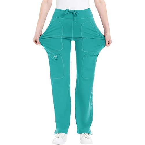 QBK Yoga Scrub Pants Women Mid Rise Yoga Work Pants- Five Pocket Cargo Scrub Pant