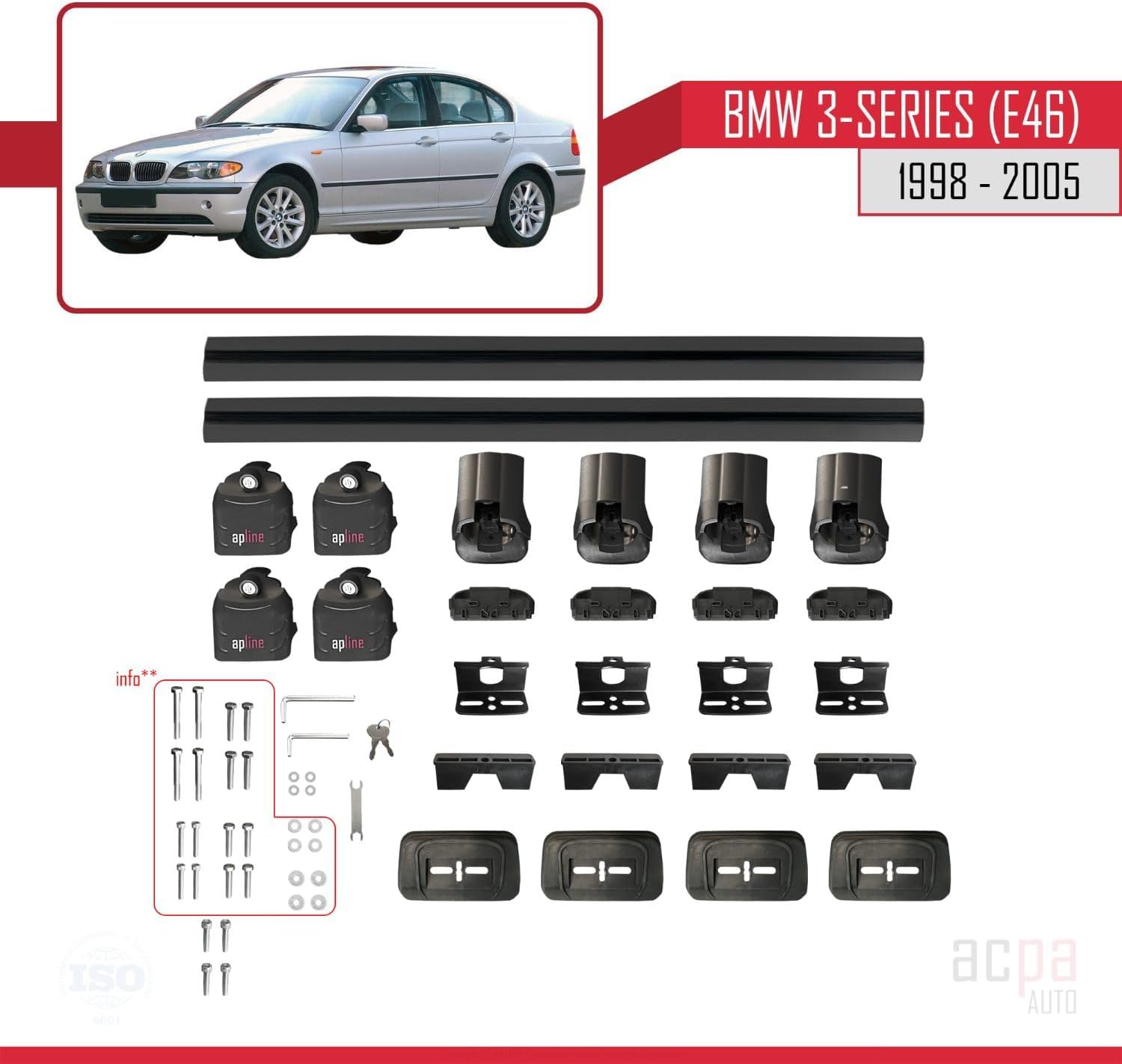 Compatible with BMW 3 Series (E46) 1998-2005 ACE-3 Car Roof Rack Cross Bar Black Aluminium 2 Bars