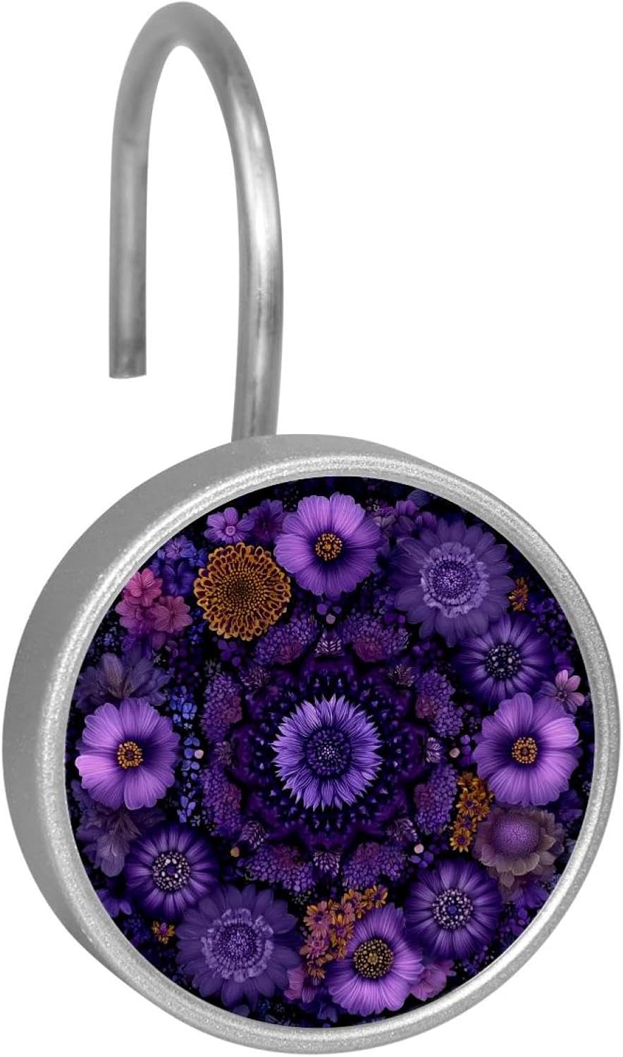 Purple Round Hipple Mandala Floral Flowe Round Crystal Glass Decorative Shower Curtain Hooks with 3D Pattern Visual, Rust Proof Shower Curtain Rings-12 Pack