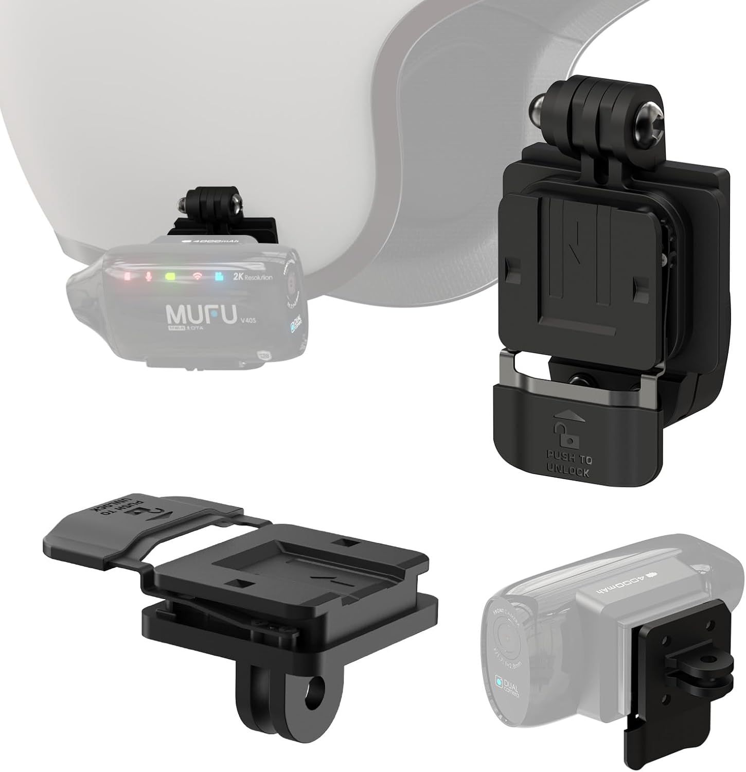 MUFU Mount Kit for V40S Front and Rear Helmet Camera Right Side Style, Compatible with Tripod Stand and Selfie Stick for Action Cam, and 2-in-1 Helmet Clip