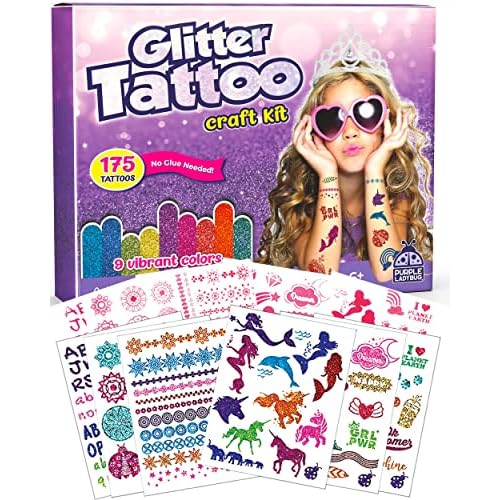 PURPLE LADYBUG Temporary Glitter Tattoo Kit - 175 No Mess Glitter Tattoos for Kids, Girls Birthday Gifts Age 8-10, Birthday Gift 6 7 8 9 10 year old Girls Sleepover Stuffs, Summer Gifts for Kids