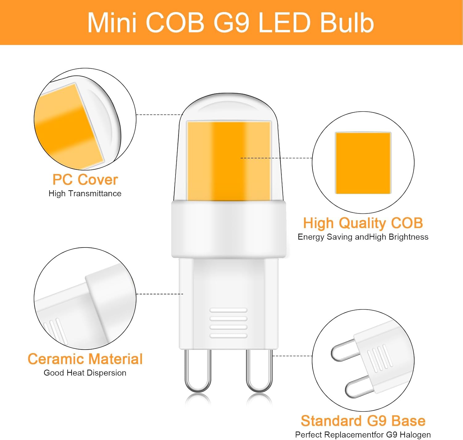 G9 LED Light Bulbs 20W 25W Halogen Equivalent 2W 2 Pin Base JCD G9 Bi-Pin Base COB Bulb Mini G9 LED Bulbs Warm White 3000k 110v 120v for Range Hood Lights, Microwave Ovens,Chandeliers(Pack of 5)