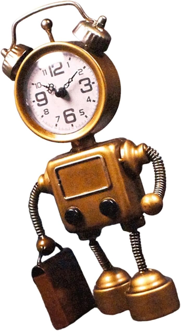 Desk Clock Metal Robot Desk Retro Table Battery Operated None-Ticking Clocks for Bedroom Living Room Home Decors Decorative Table Battery Operated