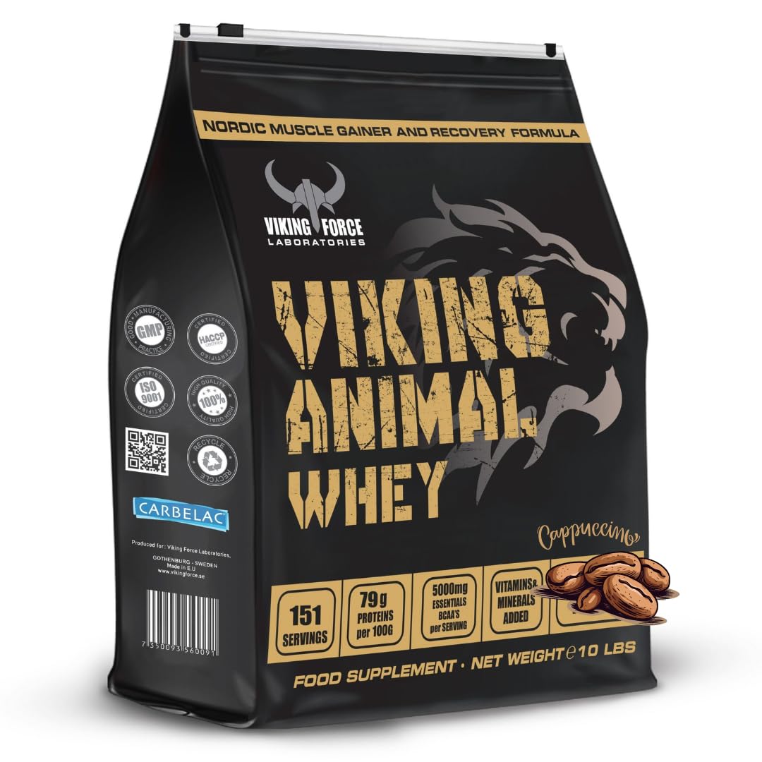 VIKING FORCE Animal Whey- Nordic muscle gainer and recovery formula, 10lbs, 151 servings, 23.7g protein per serving, with added vitamins and minerals (Cuppucino)