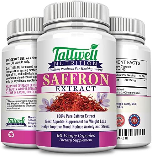 Pure Saffron Extract - Top Natural Appetite Suppressant, Maximum Strength 88.25mg, 60 Veggie Capsules by Tallwell Nutrition(tm)