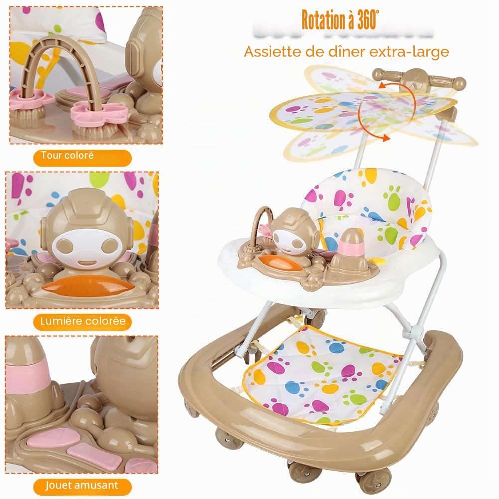 5 en 1 Trotteur Bébé avec 5 Hauteurs Réglables, Trotteur Bebe Marche Pliable avec Plateau d'activités Musical Amovible, De 6 à 18 mois, Jusqu'à 12 kg (5 en 1, 62x68x36-81 cm, Kaki)