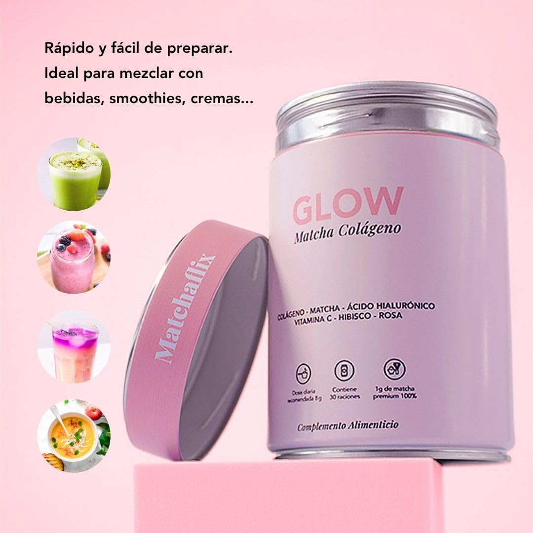 Matchaflix | Glow Matcha Colágeno | Té Matcha + Colágeno Marino + Ácido Hialurónico | Belleza, Energía y Bienestar | 240g | Sabor Frutos Rojos