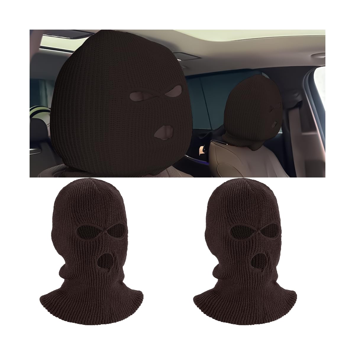Mandark 2PCS Car Headrest Cover, Personalized Funny Vehicle Front Seat Full Face Mask, Auto Interior Ski Wrap Head Rest Protector Decoration Accessories, Universal for Most Cars (Coffee)