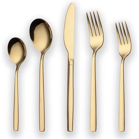 Berglander 20 Piece Titanium Gold Plated Stainless Steel Flatware Set, 20 Pieces Golden Silverware Set, Golden Cutlery Set, Service for 4 (shiny Gold)
