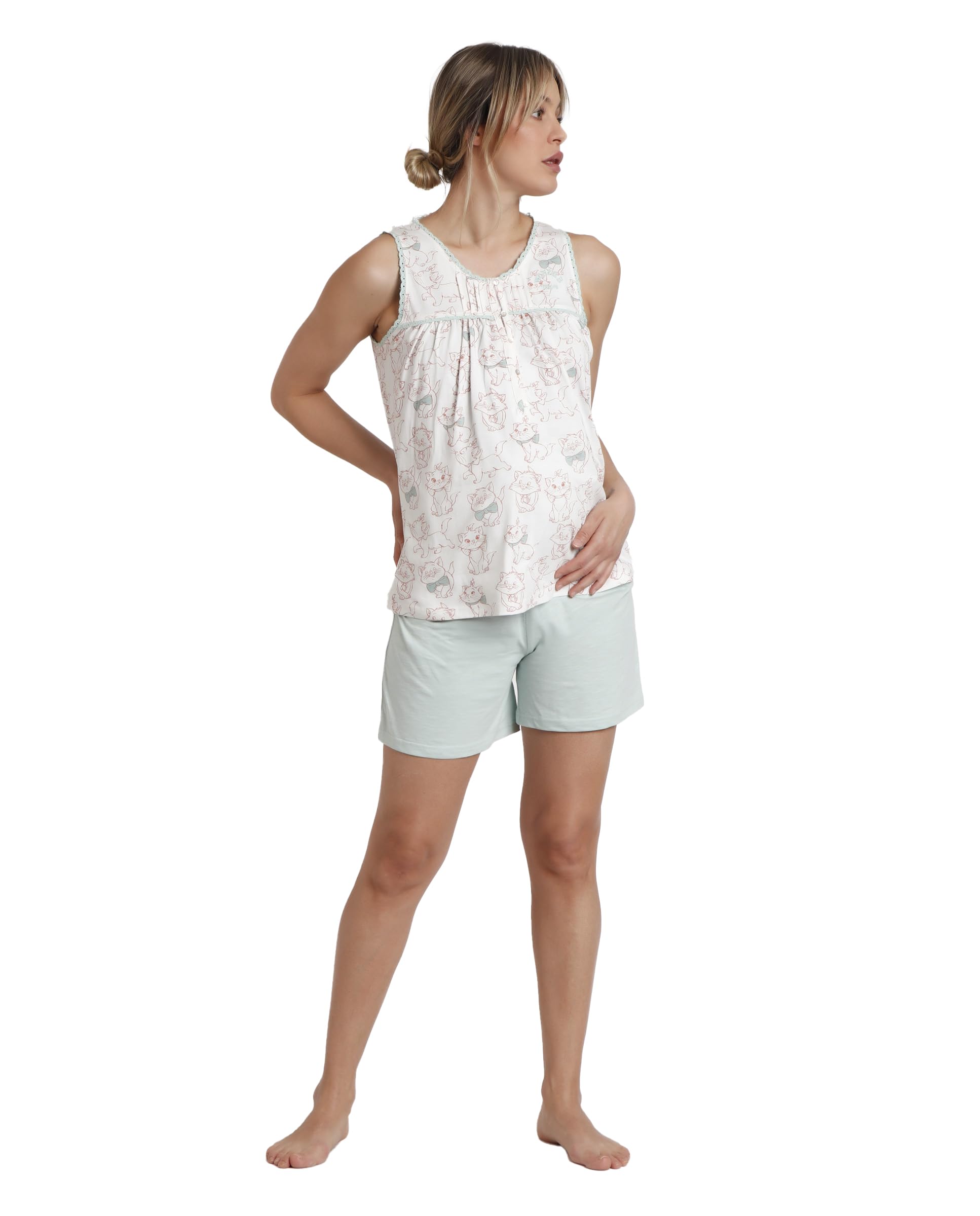 Disney Pijama Mujer Verano 100% algodón - Pijama Manga Corta Maternity Wonder Mum para Mujer – pantalón Corto con Cinturilla Ajustable – Tejido Suave al Tacto, Aqua Talla XXL