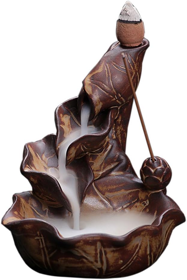 OCIOLI Backflow Incense Burner Incense Waterfall Burner Insencents Holder Backflow Cones Sticks Holder Porcelain Lotus Pond Censer with 10 Cones (Brown)