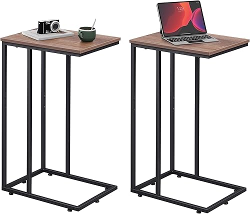 WLIVE Juego de 2 mesas auxiliares marrones, juegos de mesa auxiliar en forma de C, mesas auxiliares de sofá pequeñas para dormitorio, sala de estar,