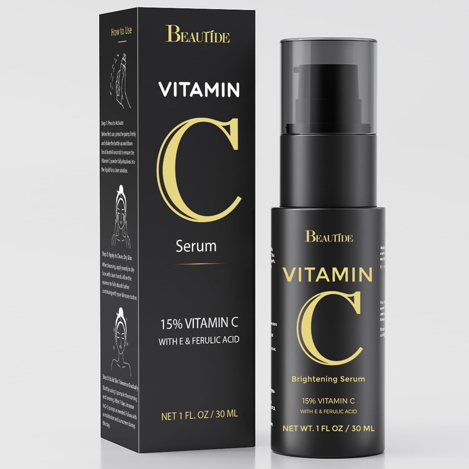 Beautide Vitamin C Serum 15% – Brightening & Anti-Aging Serum with Vitamin E, Ferulic Acid & Hyaluronic Acid for Radiant Skin, 1 Fl Oz