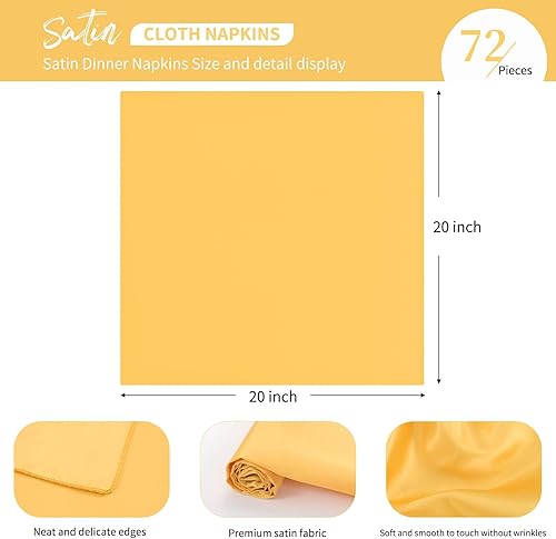 Miniatura 3 de Juego de 72 servilletas de tela de satén doradas, 20 x 20 pulgadas, servilletas cuadradas de tela suave y lisa, servilletas lavables reutilizables