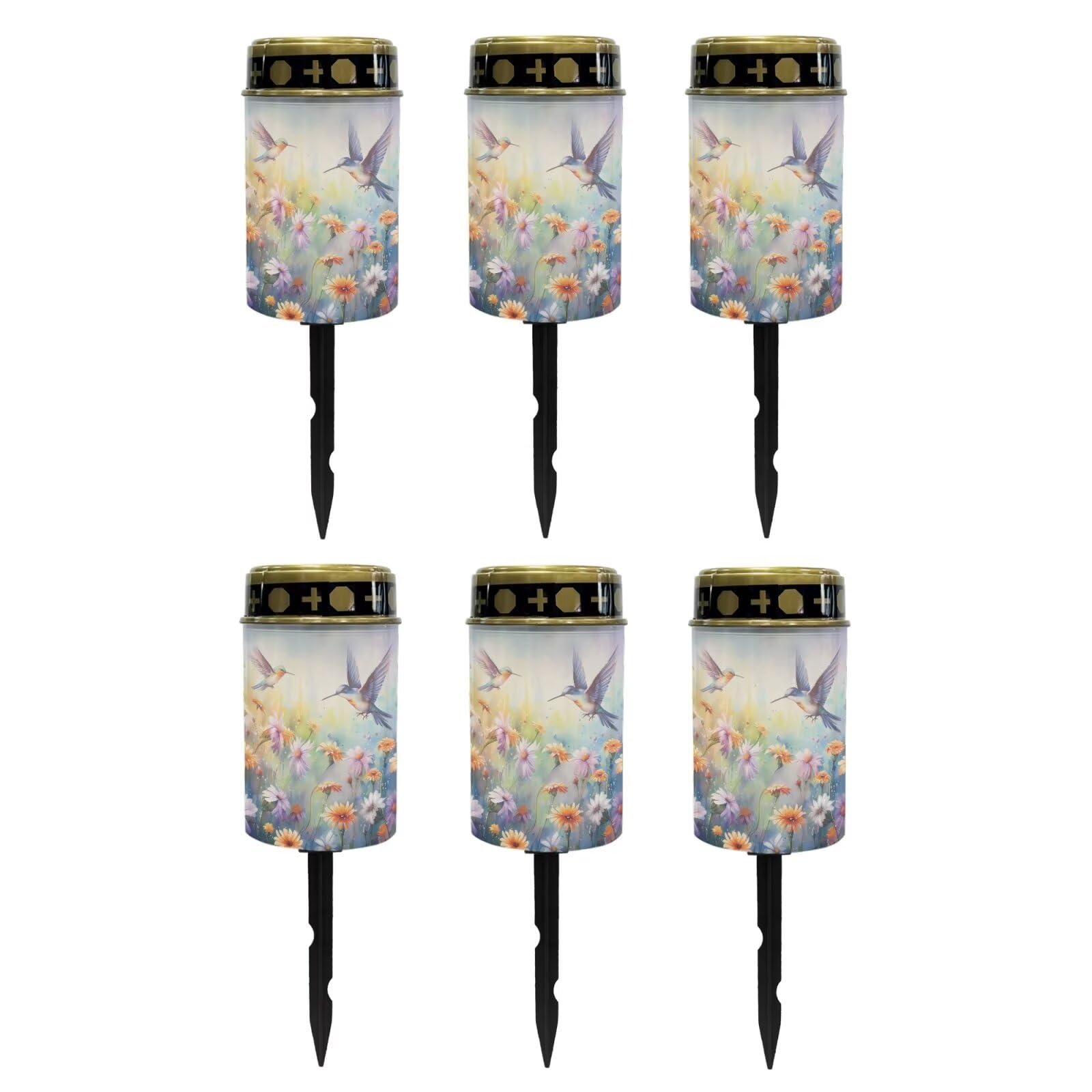Poceacles Flameless Candle Solar Powered Grave Outdoor Solar Lights Cemetery Candle Lights Fake LED Pillar Candles Outdoor Waterproof Decorative, Hummingbird Daisy Purple, Pack of 6