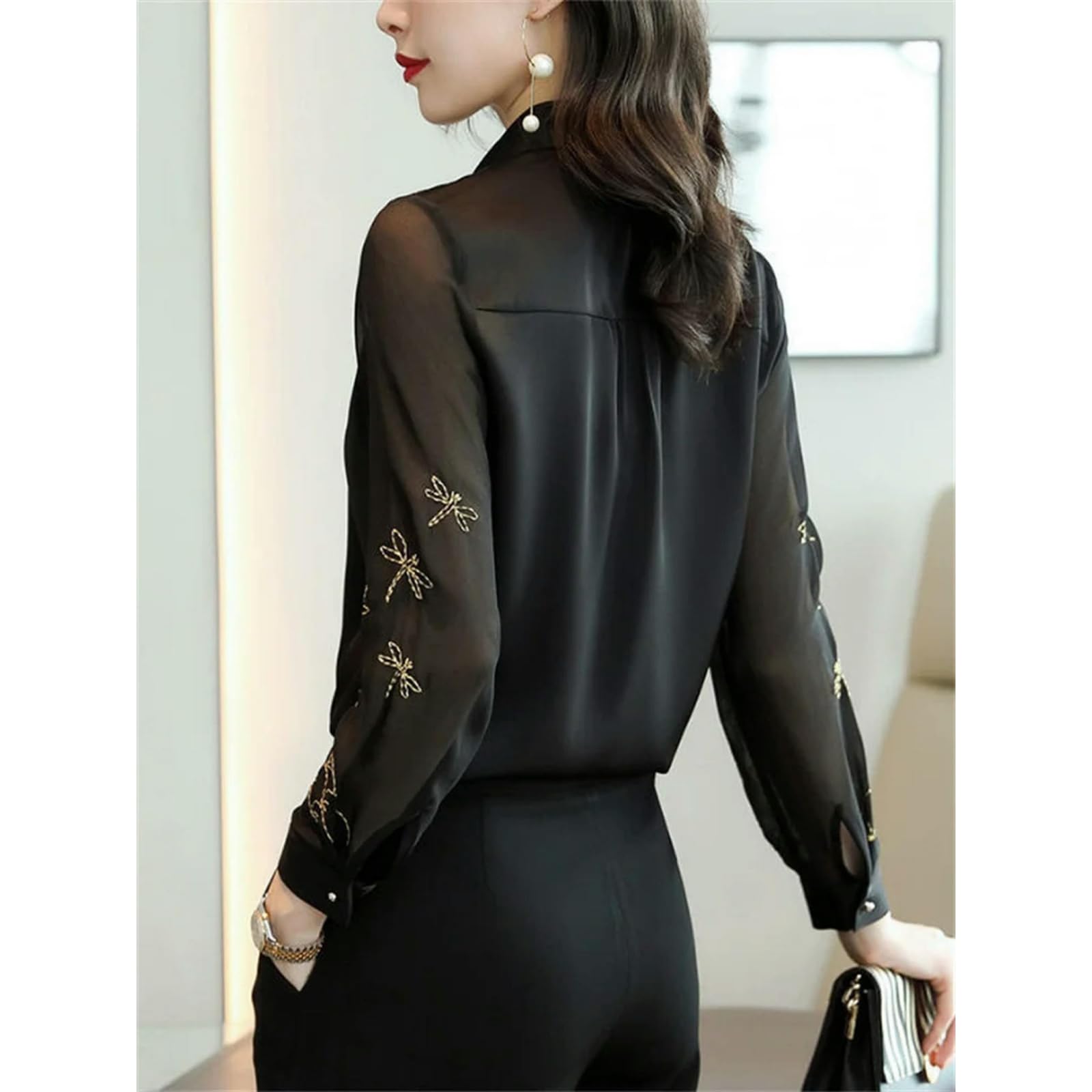 Camicia Donne Spring Autumn Style Chiffon Sicle Camicie Camicie Lady Long Worn-Down Collar Tops