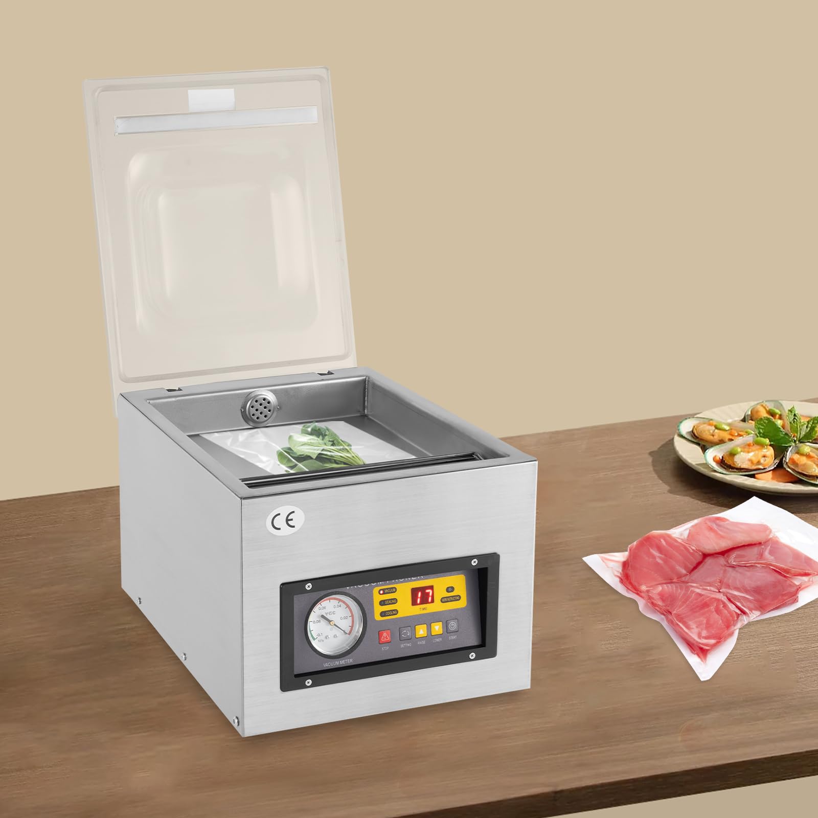 Tisch Edelstahl Vakuummaschine Profi Vakuumierer VakuumiergeräT 120 W Vakuumiergerät 3-in-1 Kammervakuumierer für feuchte Lebensmittel Fleisch Marinaden usw.