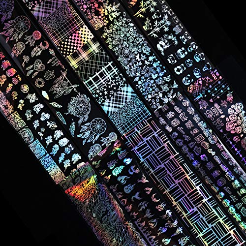 Valuu 10 Rolls Laser Flame Nail Art Foil Transfer Stickers Holographic Panda Lace Nail Foil Adhesive Decals Starry Sky Gradient Manicure Transfer Tips Nail Art DIY Decoration Kit