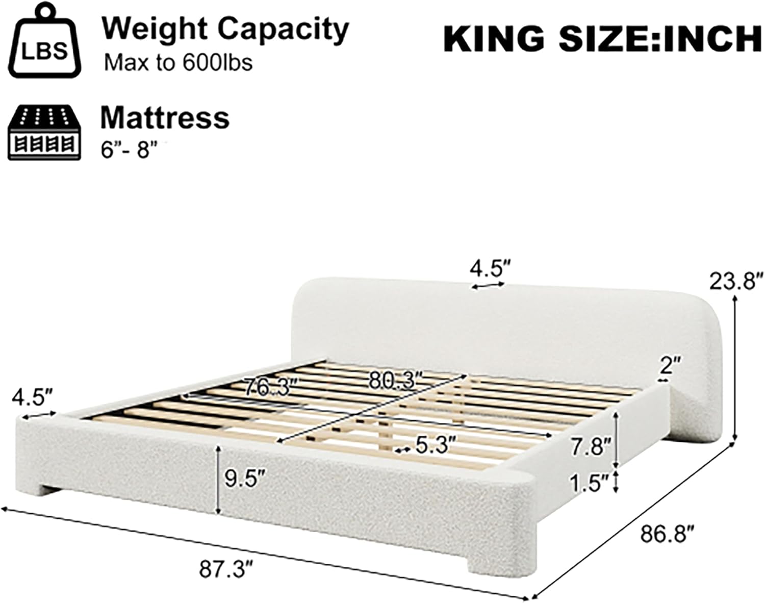 King Size Cozy White Bouce Upholstered Bed, Soft Bed Frame with 10 Sturdy Slats for Bedroom (White Style3 King)