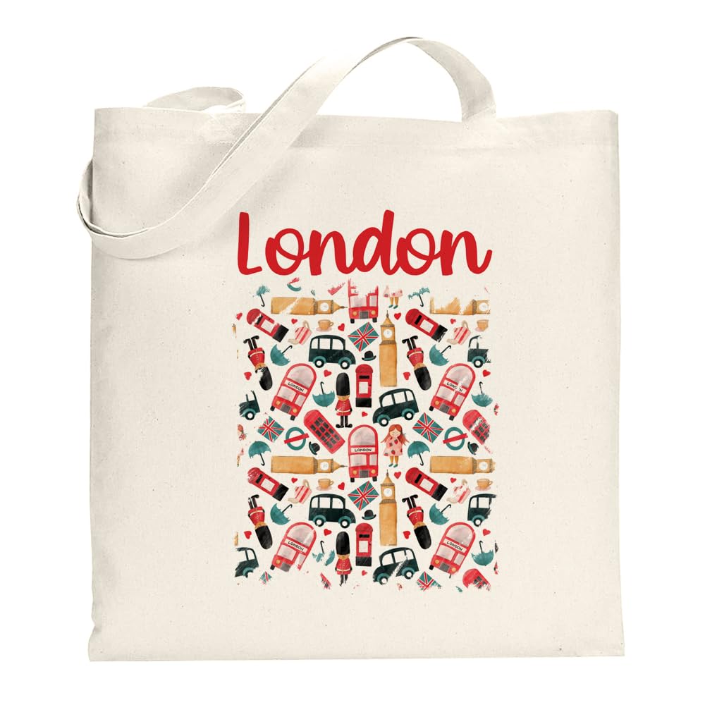 EnvyFone London Tote Bag - Stylish Long-Handled Shoulder Bag - Novelty Gift with Bus Black Cab Big Ben - Perfect Present Holiday Adventure Souvenir (Design 2)