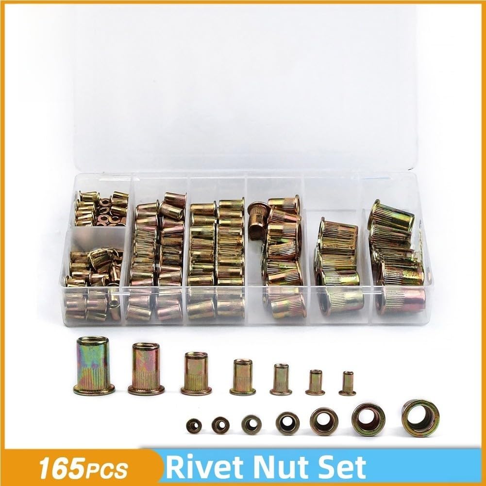 Kit da 165 dadi rivetti con struttura in acciaio al carbonio zincato, M5, M6, M8, M10 e 12 mm, per la fabbricazione